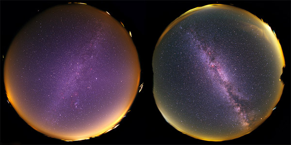در نیم‌کره‌ی شمالی در شب‌های تابستان راستای دید ما به سمت مرکز کهکشانمان می‌باشد و ما به درخشانترین ناحیه‌ی راه‌شیری می‌نگریم(راست) در حالیکه در زمستان راه‌شیری را از نقطه‌ی مقابل می‌نگریم و تنها باریکه‌ای از نور به سویمان می‌آید.(چپ) عکس از:Kwon O Chul
